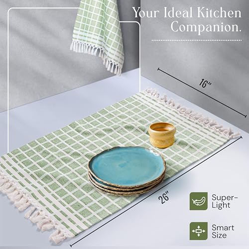 Image of Matrix Dobby Kitchen Towels 4 Pack 100% Cotton, 16x26 Inches, Fast Drying, Absorbent Dish Towels with Handmade Tassels, Reusable Cleaning Cloths for Daily Use - Mint Green, White