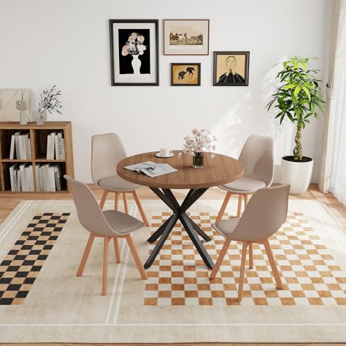 GrandCA HOME - Juego de Comedor con 4 sillas, Mesa Redonda de Madera de 100 x 100 x 75 cm, 4 sillas de Respaldo Alto, Patas de Madera de Haya (marrón Oscuro y Caqui)