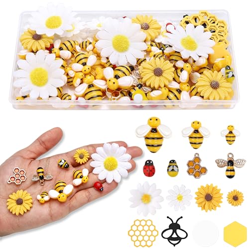 107 Pcs Resin Bees Crafts Ornaments Mixed Set Tiny Flatback Mini Bees Daisy Flowers Embellishments with Storage Box for Crafts DIY Scrapbooking Bee Themed Birthday Party Decorations Baby Shower