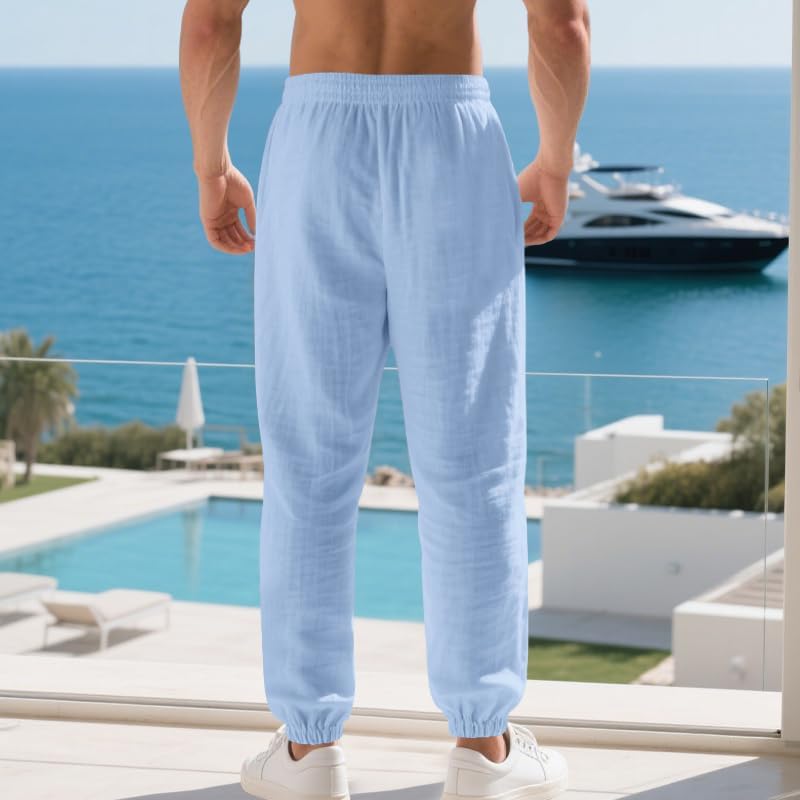 Men's Linen Joggers Summer Beach Lightweight Drawstring Yoga Pants with Pockets & Elastic Cuffs - Image 5
