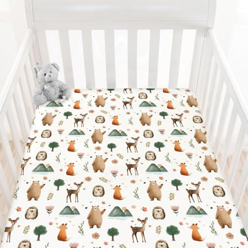 Image of HawSkgFub Boho Animal Fitted Standard Crib Sheet for Baby Boy Girl, Neutral Forest Bear Deer Fox Toddler Mattress Cover, Soft Breathable Stretchy Nursery Bed Sheets Decor Kids Gift 52" x 28"