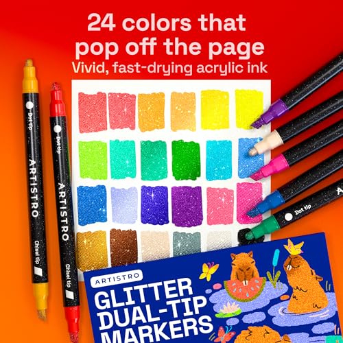 Image of ARTISTRO 24 Shimmering Glitter Dual-Tip Paint Pens - Sparkly Markers with Acrylic Ink for Rock, Ceramic, Wood, Fabric, & More - Dot + Chisel Tips