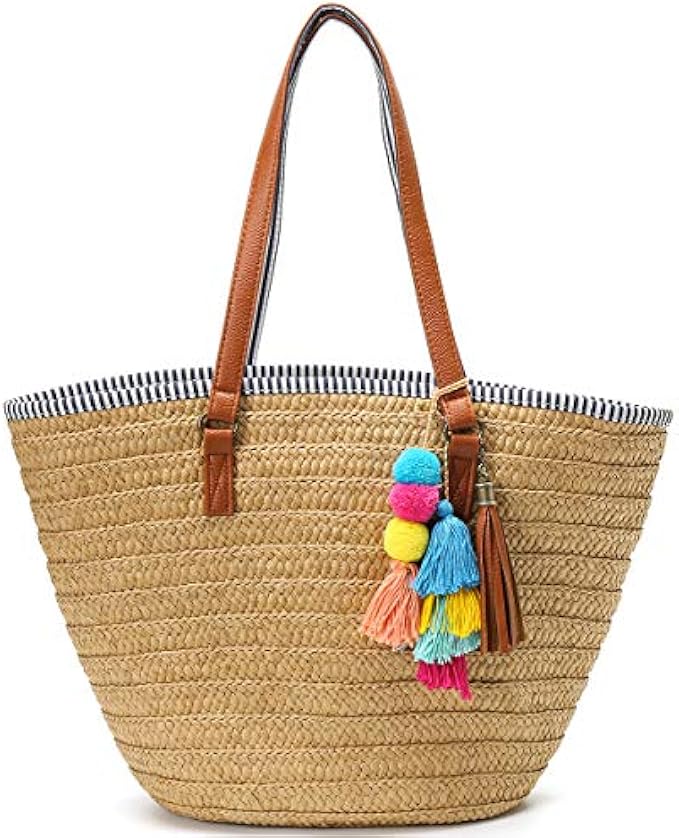 Straw Beach Bags Tote Tassels Bag Hobo Summer Handwoven Shoulder Bags Purse With Pom Poms