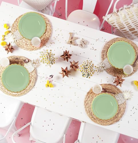 Image of HEIPINIUYE 50 Pieces Sage Green Paper Plates with Gold Foil 7 Inch Disposable Sage Scalloped Dinner Plates for Wedding Baby Shower Birthday Party Dessert Plate