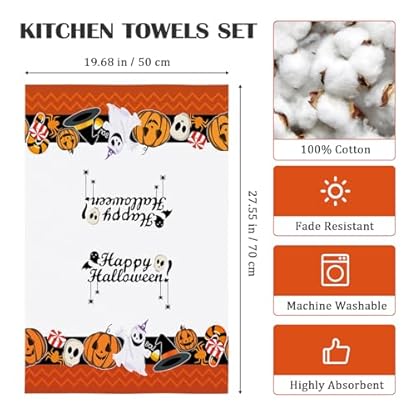 Arquiel Küchentücher Baumwolle 4 Stück Halloween, Geschirrtücher 100% Baumwolle Pumpkin Cartoon Küchenhandtuch Set Multi-Purpose Hochwertige Küche Trockentuch Bar Handtücher 50 x 70CM – Bild 5
