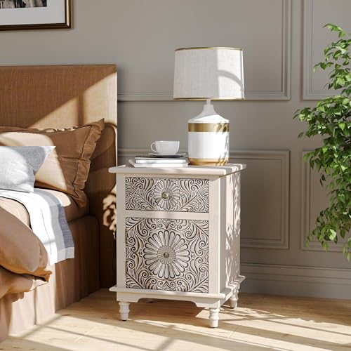 Image of SUNBURY End Table Living Room Small Side Table w Drawer, 18 inch Vintage Wood Nightstand, 2-Tier MDF Living Room End Table Wood Accent Table, Bed Side Night Stand