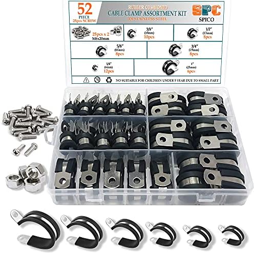 52pcs Cable Clamps Assortment Kit - 25 Screws Sizes 1/4"" 3/8"" 1/2"" 5/8"" 3/4"" 1"" Insulated Cable Clamp Rubber Cushioned Stainless Steel Pipe Repair Clamp Tools Assorted Metal Wire Cable Clamps