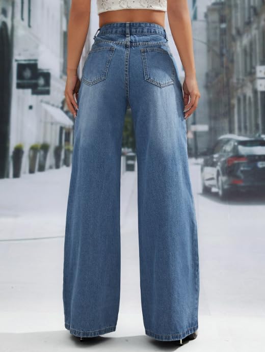 Wide Leg Jeans for Women 2024 Trendy High Waisted Elastic Straight Leg Jeans Buttoned Loose Denim Pants with Pocket2