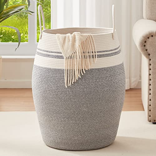 OIAHOMY Laundry Hamper Woven Cotton Rope Large Clothes Hamper 25.6" Height Modern Curve Basket with Extended Cotton Handles for Storage Clothes Toys in Bedroom, Bathroom, Foldable (White & light grey) by OIAHOMY - Used condition - US$28.06