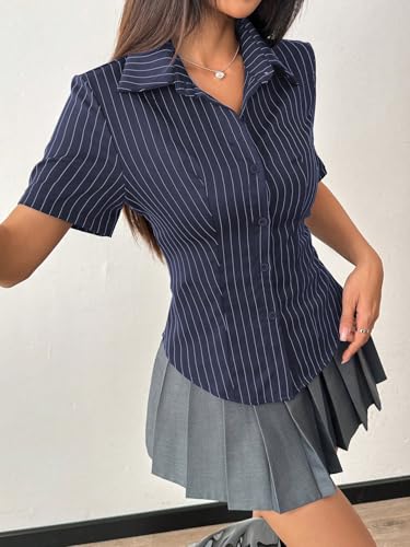 Image of Aahwan White Solid Button-Down Striped Print Casual Short Sleeve Shirt for Women's & Girl's