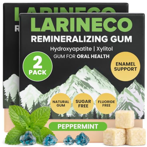 Larine Remineralizing Gum with Nano Hydroxyapatite & Xylitol Sugar-Free Xylitol Gum Plastic-Free Dye-Free Aspartame-Free Natural Base 36 Pieces (18 Count Pack of 2 Peppermint)