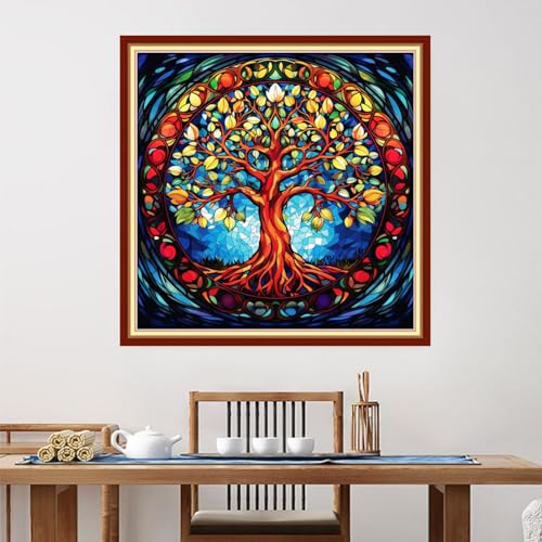 Image of Foxdiviy Stamped Cross Stitch Kits for Beginners Full Range of Cross Stitching 11 CT Printed Cross Stitch Kits for Adults Cross Stitch Patterns Needlepoint Kits-Magic Tree 18x18 inch