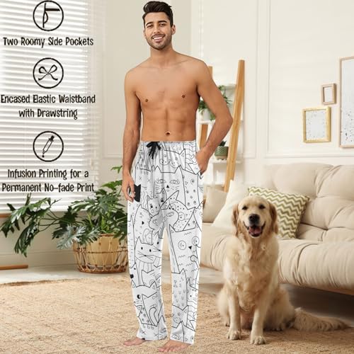 visesunny Mens Pajama Pants Funny Black White Cat Animal Doodle 100% Cotton Lightweight Soft Pajama Bottoms Lounge Sleepwear2