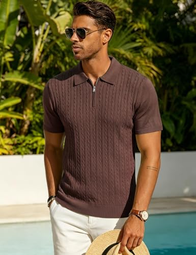 Camiseta polo para hombre Barry.Wang de punto cable, cierre parcial, manga corta, cuello texturizado y ribeteado, estilo casual para verano y golf miniatura 3