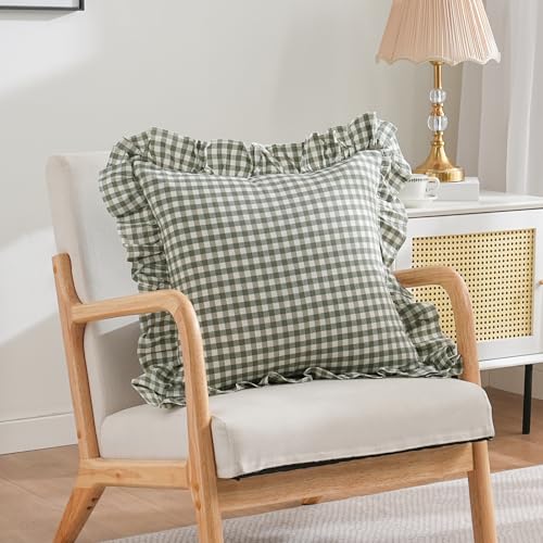 2 Pack Sage Green/White Plaid Ruffle Throw Pillow Covers Farmhouse Checkered Chic Washed Cotton Pillowcases Gingham Pillow Shams for Bed, Sofa, Living Room-20"x20" Sage Green