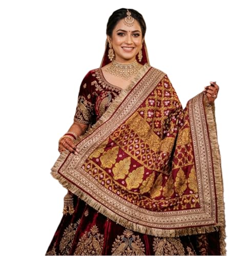 Image of Navti Creations Wedding bridal Dupatta /Chunni in banarasi silk Brocade with Katrina Kaif's Marriage dupatta's Embroidery border and 4 side golden Kiran