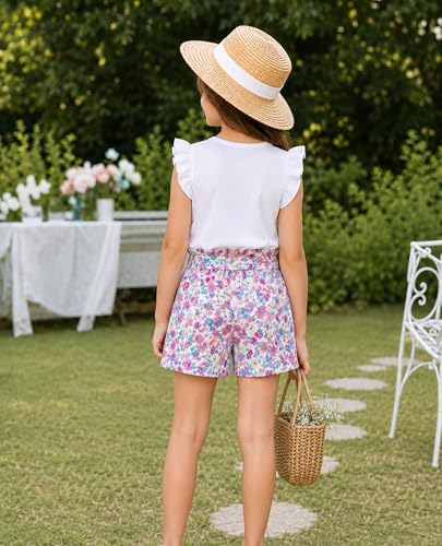 Image of Girls Summer Outfits Cute Sleeveless Top High Waisted Short Sets with Pockets Teen Girl Clothes Size 6-14 T