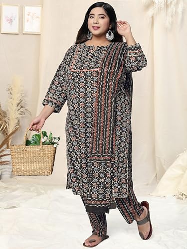 Image of MIRCHI FASHION Plus Size Pure Cotton Kurta Set for Women | 3 Piece Printed Straight Fit 4XL 5XL Kurta Pant Set with Dupatta | Ethnic Work Wear Set | 3XL 4XL 5XL Salwar Suit