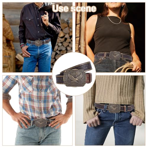 FREEBLOSS Western Cowboy Belt Double Embossed Leather Belts with Printed Engraved Buckle for Women Man Gift, Antique Tin Color 48.8" × 1.42"4