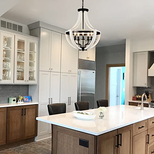 Stepeak 19" Farmhouse Light Fixtures Chandelier, 5-Light Dining Room Light Fixtures Over Table, Modern White Solid Wood Chandeliers For Living Room Kitchen Island Bedroom Foyer, Height Adjustable Lamp #TOP7