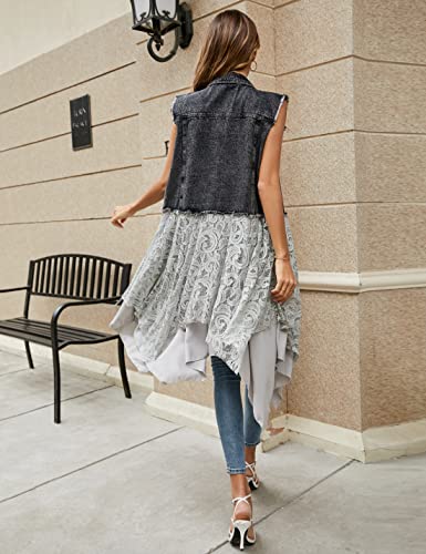 Qibabu Mid Long Denim Vest For Women Lace Crochet Patchwork Sleeveless Distressed Jean Jacket (0986-Black-Xl-Qb) #TOP6