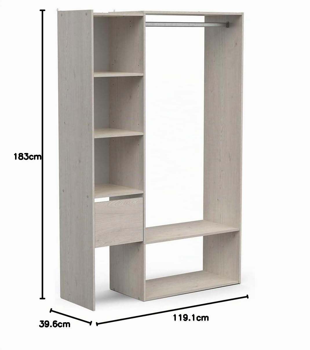 Demeyere Set guardaroba aperto, estensibile, con appendiabiti, 4 vani e 1 cassetto in legno, colore: rovere Topanga, 120 x 183 x 40 cm