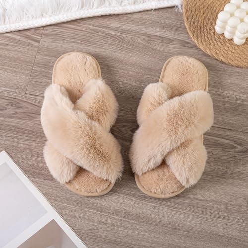 Image of Enteer Women's Slipper Memory Foam Cross Band Fuzzy Slippers Open Toe Cozy House Slippers Cozy Plush Bedroom Indoor Outdoor