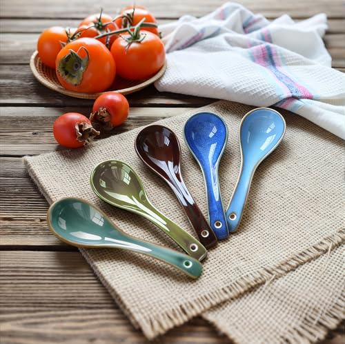 Image of Raelitego 5 /12 pcs Asian Soup Spoon, Ceramic Chinese Soup Spoons, Deep Oval Hook Non-slip Japanese Spoons for Rice Ramen Pho Miso Soup Wonton (5pcs-Dark)