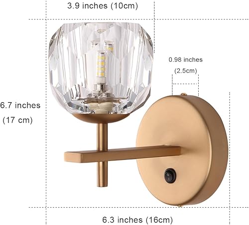 Miniatura 2 de Aplique de pared de cristal con interruptor de encendidoapagado (latón mate, 1 unidad)