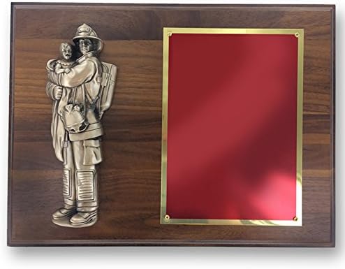 Customizable 9 x 12 Inch Walnut Veneer Plaque with Brass Firefighter Holding Child, includes Personalization