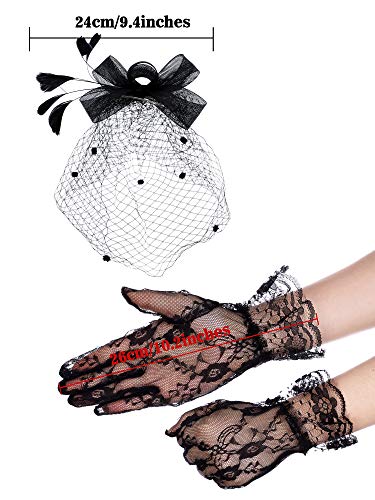 Bowknot Fascinator Hat Feathers Veil Mesh Headband and Short Lace Gloves Floral Lace Gloves (Black) steampunk buy now online Bowknot Fascinator Hat Feathers Veil Mesh Headband and Short Lace Gloves Floral Lace Gloves (Black) steampunk buy now online