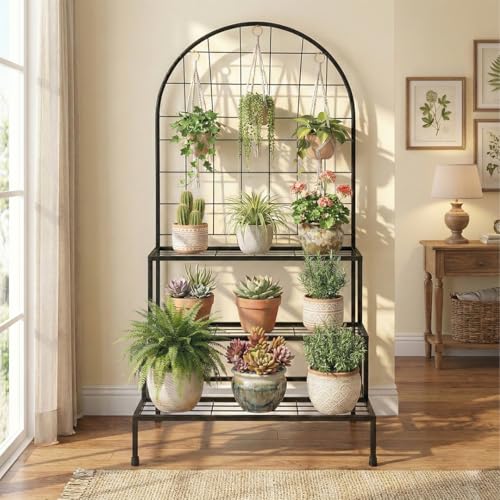 Image of Garden Genie Vertical Metal Plant Stand | Heavy Duty Multi Tier Plant Stand for Home & Garden | Flower Pot Stand for Indoor Plants | Plant Stands for Outdoor Balcony | Black