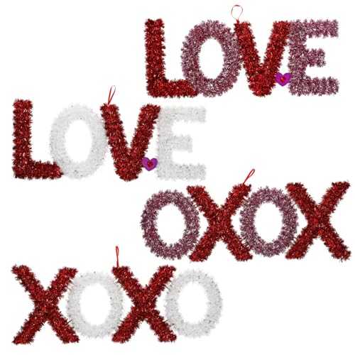 Valentine's Tinsel Love and XOXO Signs XOXO Hanging Heart Valentine Garland, Red and White Heart Hanging Garland Wedding Party Home Decorations