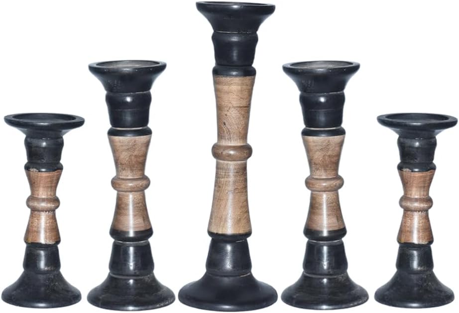 Handmade Mango Wood Eco-Friendly Traditional Dark Polish Set of Five 9",12",15",12" & 9" Pillar Candle Holder