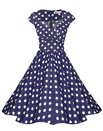 Zarlena Damen Rockabilly Kleider Vintage Pin-Up Retro Polka Dots Cap Sleeves Navyblau/Weiss M Cover