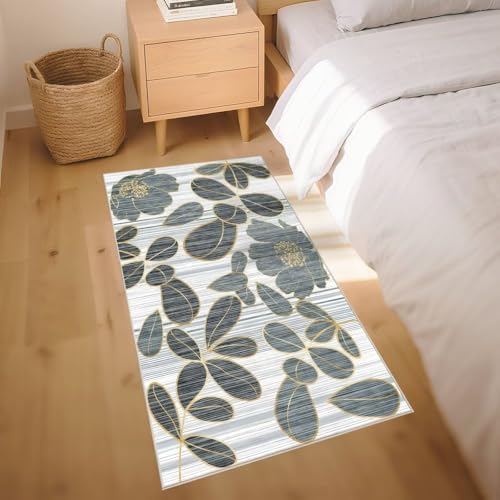 Tapis maison anti dérapant gris bleu 170x240cm grand motif botanique moderne - 7