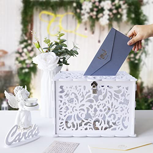 Image of OurWarm White Wedding Card Box with Lock, PVC Gift Card Box for Wedding Decorations for Reception, Money Gift Boxes for Party Reception Anniversary Bridal Baby Shower Decorations