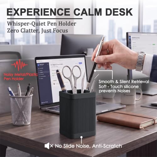 Image of HighHerz Aesthetic Pen Holder For Desk, Modern Silicone Pencil Holder, Stylish Office Desk Decor, Made of 5 mm Thickened Premium Silicone, Office Desk Organizer And Accessories (Black)