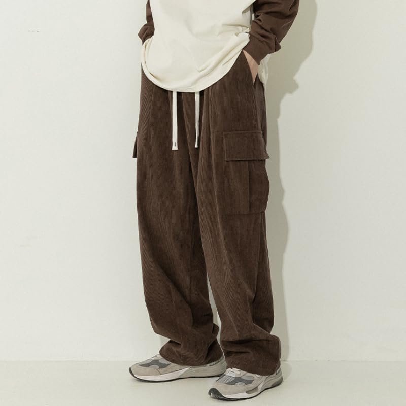 POHADON Mens Casual Corduroy Pants Elastic Waist Drawstring Y2k Sweatpants Casual Baggy Straight Cargo Pants Streetwear2