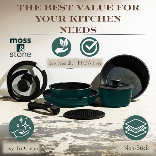 Image of Moss & Stone Aluminum Pots And Pans Set Nonstick, Removable Handle Cookware, Stackable , Dishwasher Safe, Induction Camping Cookware Set. (10 Pieces Blue)