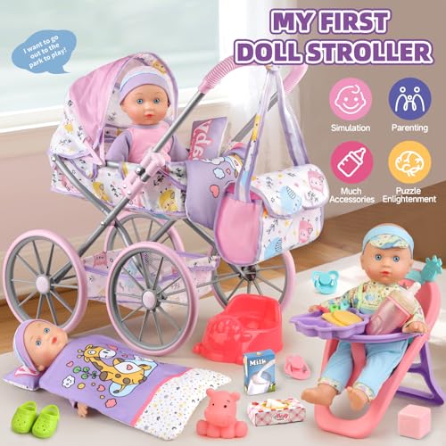 Baby Doll Stroller Playset for Girls Toddlers 3-5 4-6 5-7 Year Old to Play House Games. Stroller Toy with 12.5\" Baby Doll, Dining Chair, Quilt Pillow, 24 PCS Doll Accessories and 2 Sets Clothes.