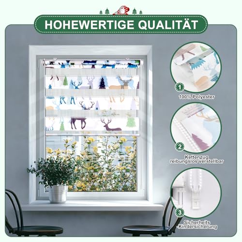 Deswell Doppelrollo mit Muster Weiß-Elch B85 x H120 cm(Stoffbreite 81cm), Doppelrollo Klemmfix ohne Bohren mit Motiv… – Ansicht 3