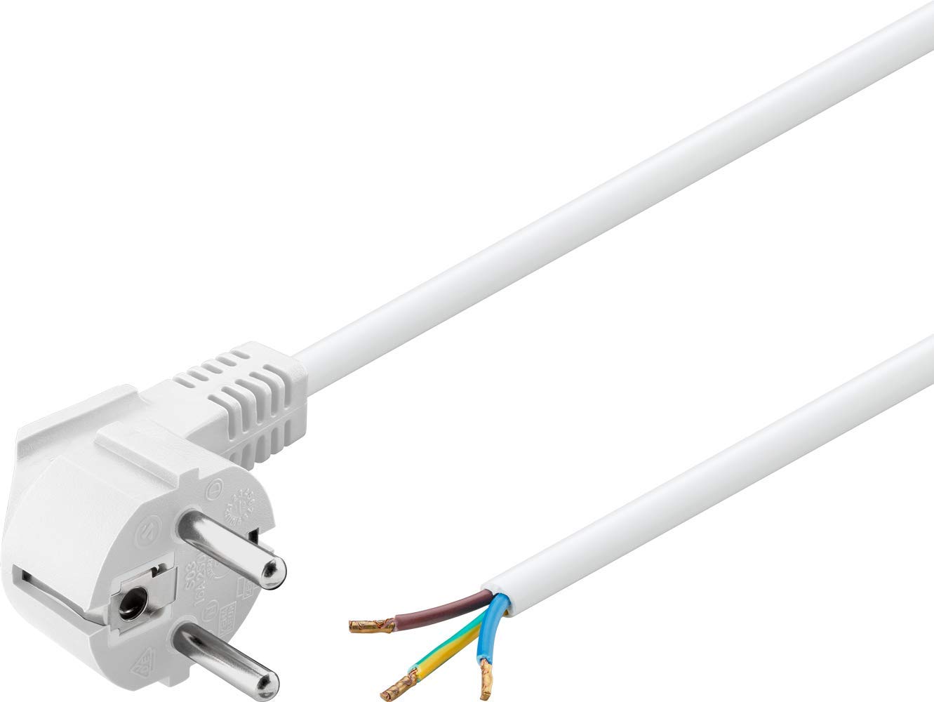 Goobay 93977 Cable de Contacto de protección Acodado para el Montaje/​Clavija de Contacto de protección de 90° (Tipo F, CEE 7/​7) para los Extremos de los Cables Sueltos/​Blanco / 1,​5 Metros