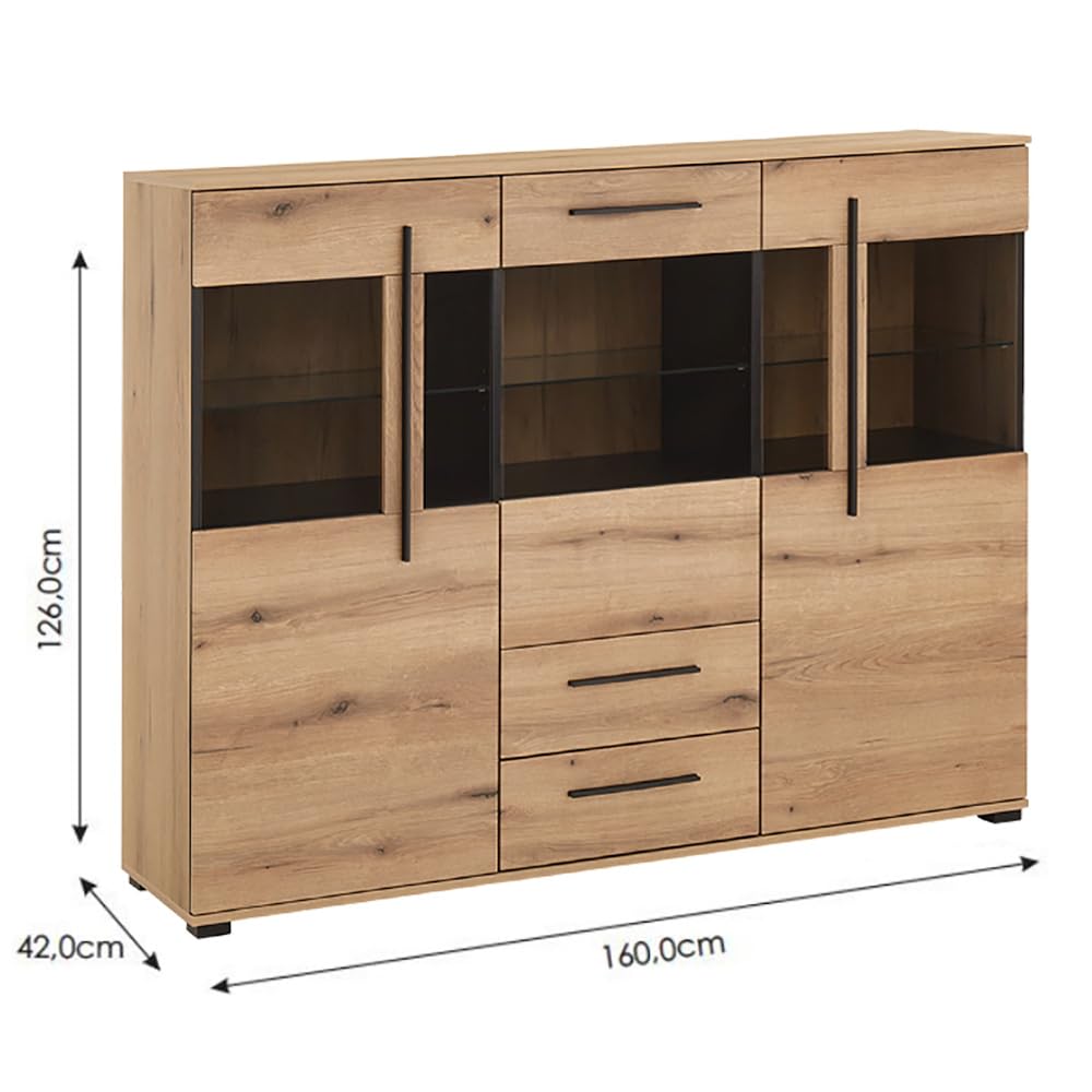 Lomadox Highboard 160 cm breit Vitrine Wohnzimmerschrank in Eiche mit 3 Glastüren & 2 Schubladen inkl. Softclose-Funktion
