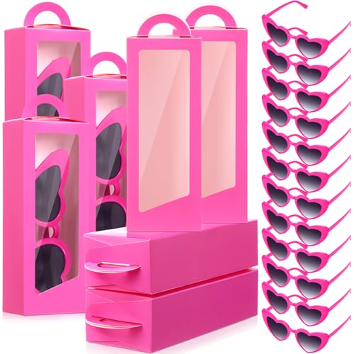 Resurhang 24 Pcs Pink Party Favor Boxes Doll Gift Boxes Include 12 Pink Goodie case 12 Heart Sunglasses for Birthday Party Supplies