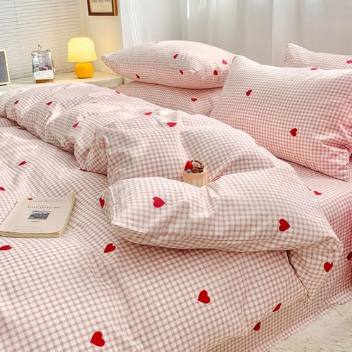 Image of Nayoroom Gingham Duvet Cover King Size Pink Plaid Red Heart Printed on White Bedding Set 3 Pcs Kids Girls Cute Heart-Shaped Comforter Cover with Zipper Closure Soft Breathable Microfiber