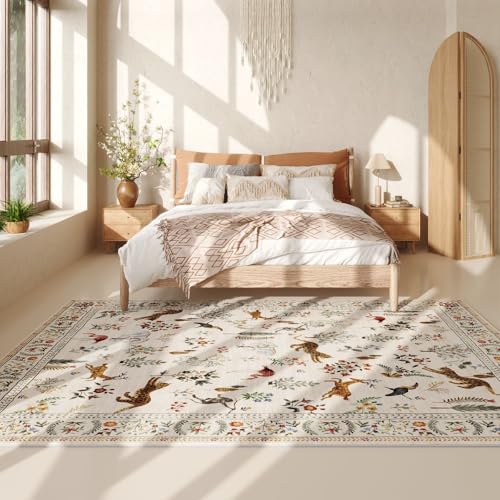 Living Room Rug 5x7 Rug Machine Washable Boho Area Rug Non Slip Floral Animal Vintage Low Pile Large Rugs for Living Room, Bedroom, Farmhouse, Dining Room, Kids Playroom (Beige)