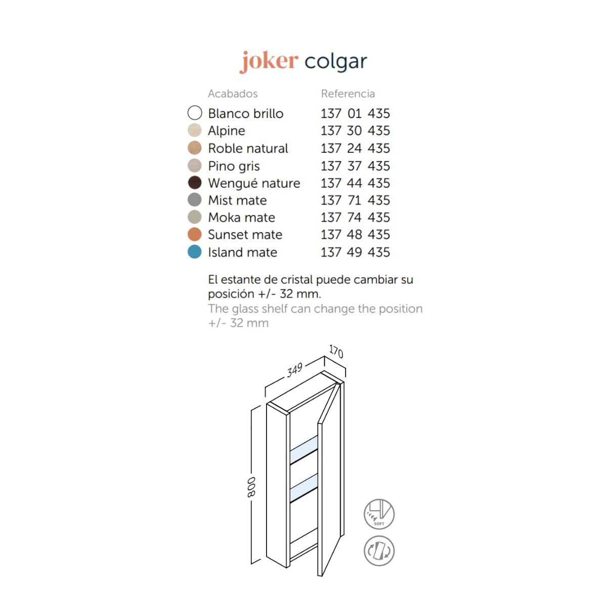 Joker Mueble Auxiliar de Baño Suspendido 1 Puerta con Cierre Amortiguado| Armario Baño Colgante 80cm de Alto x 34,9cm de Ancho x 17cm | Roble Natural