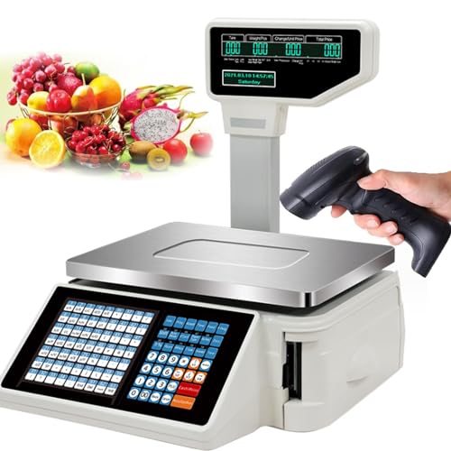 Digital Label Printing Scales, 30kg/60lbs Capacity, Commercial Weighing Scale with Receipt Printer & Pole Display, Ideal for Retail & Inventory Management