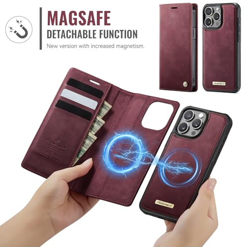 Image of Wallet Case for iPhone 13 Pro Compatible with Magsafe, 2-in-1 PU Leather Flip RFID Blocking Card Holder Stand Shockproof Magnetic Detachable Case for iPhone 13 Pro Case 6.1 inch, Burgundy
